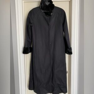 Jones New York 100% Pure Wool Trench Coat Black Fur Trim Full Length Women's 12